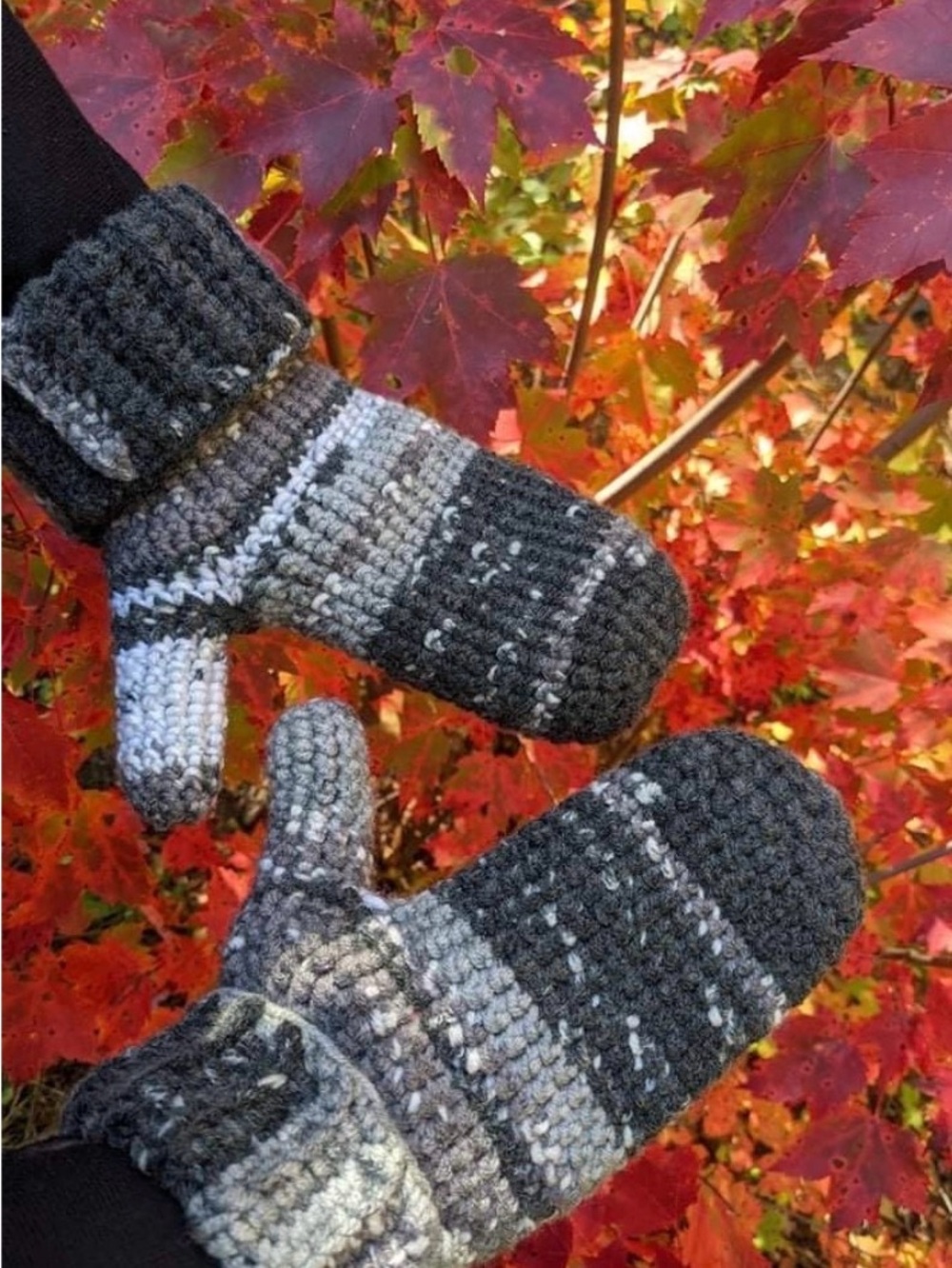 Hand Crafted Gray Striped Crochet Men's Mittens